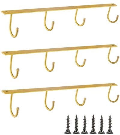 YQBOOM Mug Hanger Under Cabinet 3 Pcs Iron Mug Rack Wall Mounted Coffee Cup Rack Storage Organizer for Kitchen Dining Bar - Gold