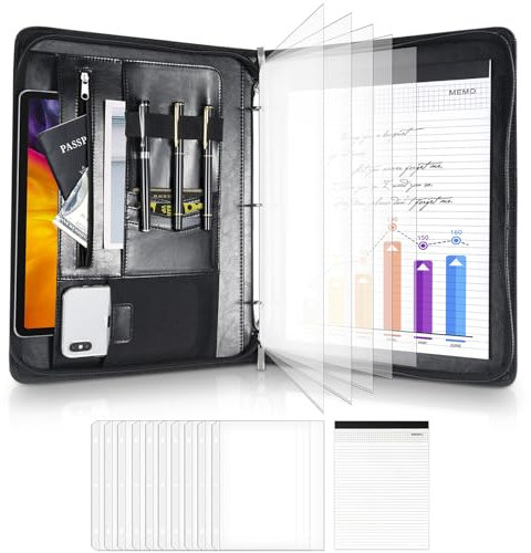 ProCase Porte Documents à Anneaux Zippées avec Bloc-notes A4, Portfolio Conférencier Porte-bloc en Cuir avec 10 Pochettes Amovible -Noir