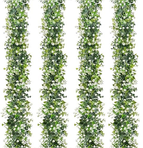 SOMYTING Lot de 4 guirlandes d'eucalyptus artificielles faites à la main - Guirlande de fleurs blanches pour fond de mariage - Décoration murale - Feuilles de vignes - Protection UV - Pour l'intérieur
