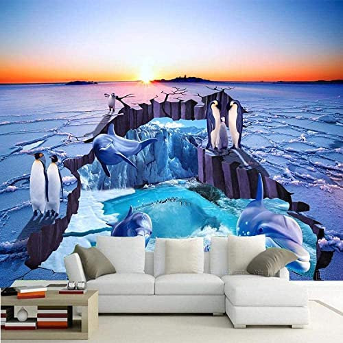 Fototapete 3D-Wandbild Pinguin Delphin Tier Abziehbares Wandposter, Tv-Hintergrund, Dekorative Wandkunst, Wandkunst Für Kinderzimmer, Wohnzimmer, Schlafzimmer 400 (Breite) x 280 (Höhe) cm