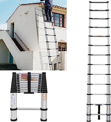 3,2M Verlängerungsleiter Klappleiter Aluminium Teleskopleiter EN131-zertifizierte Multifunktionsleiter 14 Stufen, Gefaltet 92cm Leichte Leiter Rutschfester Ausziehleiter für Haus,150 kg Belastbarkeit