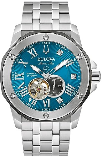 Bulova Marc Anthony Men's Automatic Marine Star Stainless Steel Watch,Open Aperture,Exhibition Case Back,Diamond Accent Blue Sunray Dial, (Model:98D184)