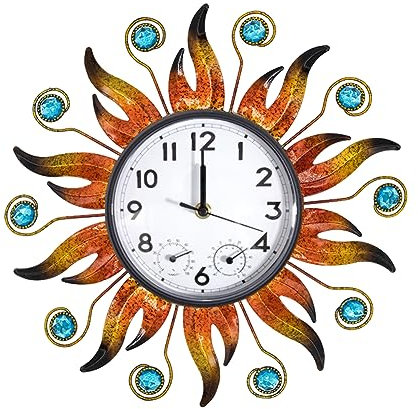 HOBYLUBY Sun Outdoor Clock with Thermometer and Hygrometer Combo, Silent No-Ticking Outdoor Wall Clock, Waterproof Quartz Clock for Patio, Living Room, Kitchen, Garden, 13 Inch