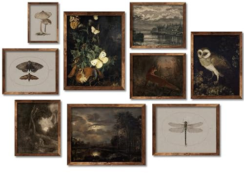 Whaline Wandkunstdrucke im Vintage-Stil, Motiv: dunkle Akademie, Wanddekoration, Pflanze, Fuchs, Gothic, Wandkunst, Poster für Galerie, Schlafzimmer, Wohnzimmer (ungerahmt, dunkle Farbe), 9 Stück