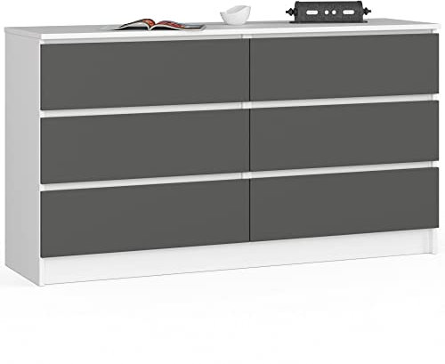 AKORD Commode K-140 avec 6 Tiroirs | Commode Classique pour La Chambre, Salon | Meuble de Rangement | L138 x H77 x P40 cm, Poids 51 kg | Blanc & Gris Graphite Façade