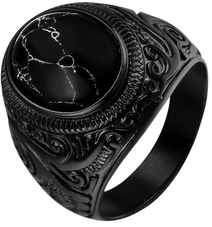 OIDEA Herren Siegelring Schwarz Rund: Biker Ring aus Edelstahl mit Achat Stein Herrenring Punk Rocker Ringe Vintage Edelstahlring Viking Signetring Schmuck Geschenk für Männer Größe 72