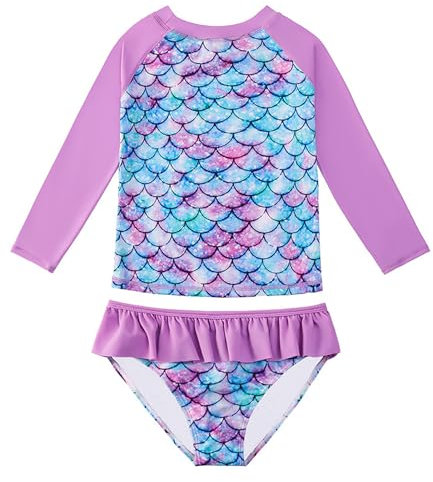 WYTbaby Costume da Bagno Ragazze 2 Pezzi con Volant, Sirena Manica Lunga Costume Piscina Bambina Anti-UV UPF 50+ Set per Spiaggia, Piscina Rash Guard per Bambina 5-6 Anni