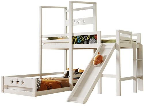 kubeier Letto per Bambini Letto a Castello con tavola e Scivolo, Letto a soppalco con scaletta 90x200 cm Letto Singolo con Protezione anticaduta, 2X reti a doghe per Ragazzi e Ragazze, Bianco