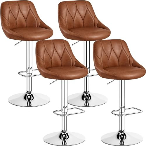Yaheetech Lot de 4 Tabourets de Bar en Similicuir Hauteur Réglable de 86 cm à 107,5 cm Chaises de Bar Assise Pivotante Repose-Pied Carré Tabourets Hauts Cadre Métallique Galvanisé Brun Rétro