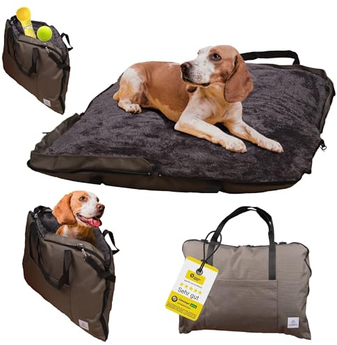 Wanderpfote Hundebett für Unterwegs – hochwertiges Orthopädisches Hundebett – praktische Tragetasche für Gepäck oder Tragehilfe Hund – Hundematte OekoTex und GSR Zertifiziert (Oliv, M)