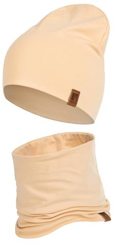HEYO Kinder Set Beanie Mütze Schlauchschal Baumwolle Rundschal weich Mädchen Jungen Herbst Frühling Frühlinsset Herbstset (Beige)