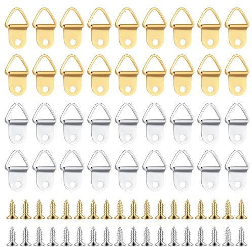 MOSTFUN 100 ganchos triangulares para cuadros con ganchos, ganchos para imágenes con tornillos, colgadores pared para el hogar, la oficina, la foto, la pintura, el reloj colgante (dorado y