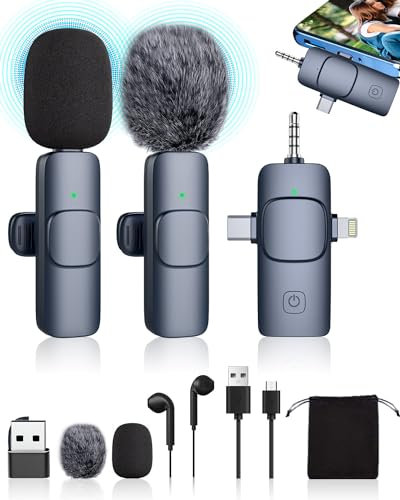 Wireless Lavalier Microphone for iPhone,Android,PC,Camera,iPad,4 in 1 Mini Microphone USB-C with Monitor Headphones,Wireless Microphones for Podcast Recording Interview Video Vlog YouTube Tiktok Blue