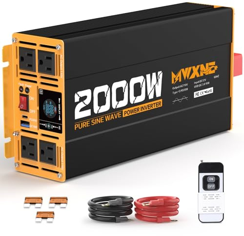MWXNE 2000W Pure Sine Wave Inverter 12V DC to 110V 120V AC Car Converter for RV Truck Off-Grid Solar Power Inverter with 4 AC Outlets, USB/Type-C Fast Charging Ports, LCD Display, Remote Control