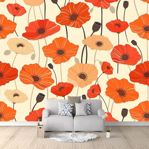 Art Photo Wallpaper Red Orange Poppy Flowers 3D Panoramic Mural Non-Woven Bedroom Wall Decoration, Photo Mural Living Room Sofa TV Background Wall Decor 350x256 cm