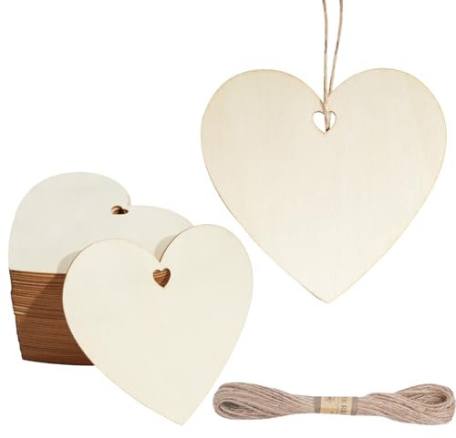CUWELT 40 Stück 10x10cm Holzherzen mit Jute Schnur, Holzherzen Deko mit Loch zum Basteln, Holz Herzen Anhänger Hochzeit, Holzherzen zum Beschriften für Gästebuch Geschenkanhänger DIY Handwerk