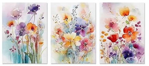 Bild Landhausstil Blumen Poster Wohnzimmer Aquarell Blumen Pflanze Bilder 3 Stück Wandbilder Blumen Ohne Rahmen Leinwand Kunstdrucke Wandposter küche Schlafzimmer Wohnzimmer Deko (21x30 cm,Blumen)