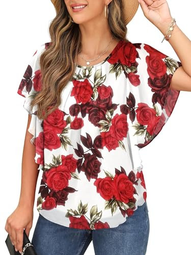 QIXING Womens Summer Blouses Casual Ruffle Sleeve Loose Round Neck Chiffon Flowy Ladies Tops Tunic for Women UK (White Red Rose, L)