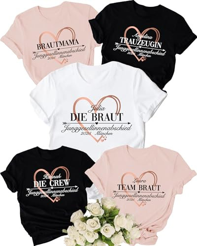 JGA Damen T-Shirt für die Braut Trauzeugin Crew Team Mama, Junggesellinnenabschied Tshirt Frauen Weiss schwarz rosa personalisiert mit Namen, Junggesellenabschied Outfit mit Herzen Diamant Trauringe