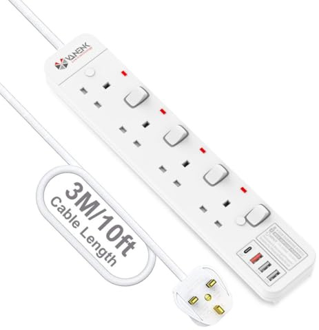 VANENIK Extension Lead 3M with 4 USB C Ports, 20W PD Fast Charging, Child Safety Shutter, Surge Protection & Fire-Resistant Housing (4 Gang)