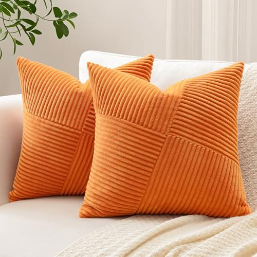 Sungeek 2er Set Cord Kissenbezüge, Windmühle Streifen Muster Kordsamt Kissenbezug Dekokissen Sofakissen Patchwork Design Deko Zierkissenbezüge Kissenhülle für Wohnzimmer (45x45cm, Orange)
