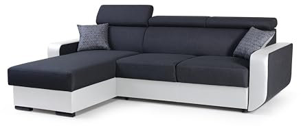FurniShop24 Ecksofa mit Schlaffunktion und praktischem Bettkasten - Schlafsofa L Form 236x165 cm mit verstellbaren Kopfstützen und dekorative Kissen, Eckcouch Imperio Schwarz/Weiß