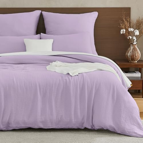EMME Musselin Bettwäsche 100% Baumwolle, 135x200 Doppelte Sommer Bedding Bettwäsche-Sets mit Reißverschluss, 1er Set Bettbezug mit 1 Kissenbezüge 80x80 cm, Musselin Tagesdecke, ÖKO-TEX, Lila