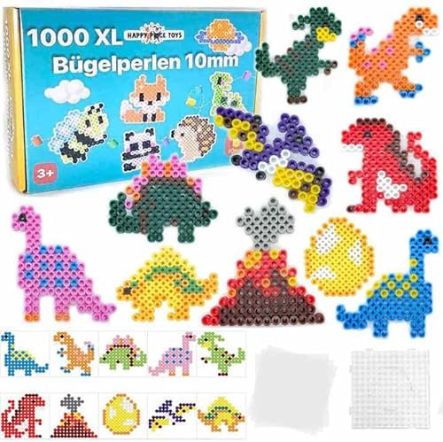 1000 Maxi XL 10mm Bügelperlen mit Steckplatte und 10 Dino Muster und 3 Bügelpapier. Kreatives Perlenset zum Basteln für Kinder ab 3 Jahren