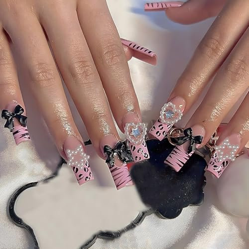 Faux Ongles Longue MouyouGlow,Carré Nude Leopard French 3D Cœur Étoiles Perle Strass Design Noeud Papillon Cute Kawaii Press on Nails avec Colle à Ongles,Y2K Coquette Fake Nails