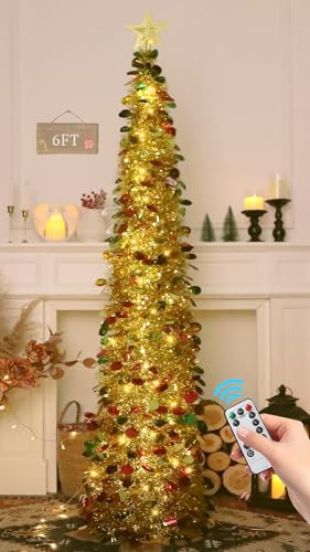 HMASYO Albero di Natale Artificiale a Paillettes 180cm con 100 Luci a LED Timer e Telecomando, Montaggio Istantaneo, Alimentazione USB - Decorazione per Interni Casa, Appartamento, Veranda, Feste
