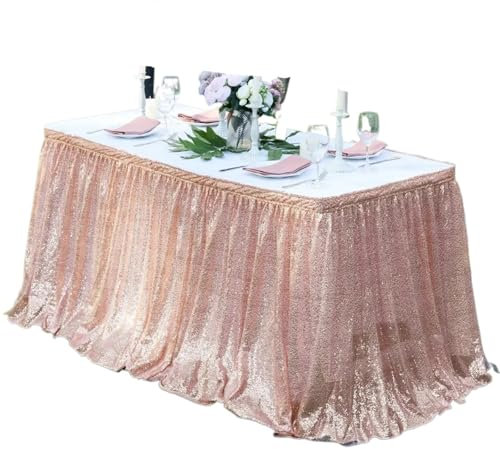 Jupes de Table Jupe de table à paillettes Tables Flash Tissu Décoration de fête d'anniversaire Mariage Festival Événement Rectangle Jupes de table à paillettes Décoration(Rose gold,9FT 70x275cm)