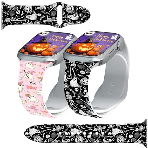 2PCS Halloween Watch Band Compatible with Apple Watch Bands 38mm 40mm 41mm, Boo Ghost Wristbands Soft Silicone Sport Wristband Replacement Strap for iWatch Series Ultra 9 8 7 6 5 4 3 2 1 SE