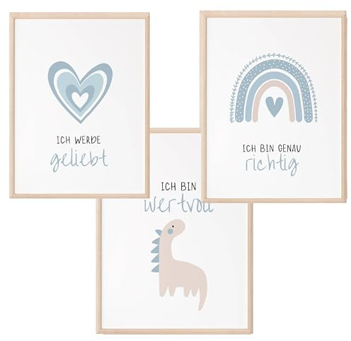 Mutzauber® Poster Affirmationsposter A4 Kinderzimmer Jungen Mädchen Bilder Kinderzimmer Motivation Dinosaurier Dino Kinder Kindergarten Wandposter Herz Regenbogen (Dino blau)