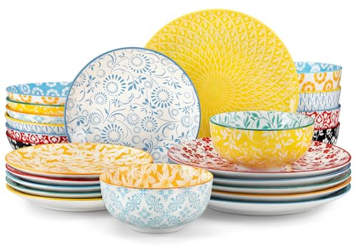 vancasso SELENE Servizio Piatti 24 Pezzi per 6 Persone in Porcellana - 6 Piatti Piani, da Dessert, Fondi e Ciotole, Adatti a Lavastoviglie e Microonde - Stile Floreale Colorato