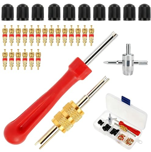 Nocecfi 33 Pcs Car Tyre Valve Removal Tool Set - Valve Core Remover Kit with 20 Valve Cores & 10 Tyre Valve Caps for Car Bicycle Motorcycle Auto Tire Repair