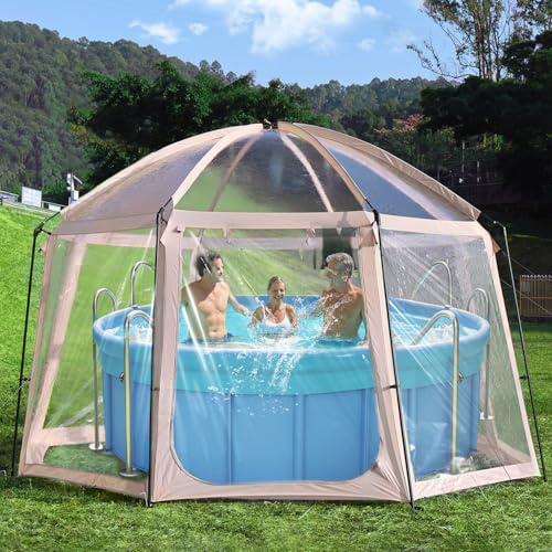 Pool Überdachung, für Ø305–366cm Aufstellpools und Whirlpools, Pooldach Transparentes Panorama,2 IN 1 Whirlpool Überdachung und Bubble Zelt,Poolabdeckung Kältebeständiges PVC, Rund Pool Pavillon（Ø400）
