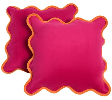 OHS Matte Velvet Cushion Covers Set of 2 Scallop Edge, Gifts for Women Super Soft Decorative Throw Pillow Cover with Invisible Zipper Cushion Covers 45 x 45 for Bedroom Living Room, Hot Pink/Orange