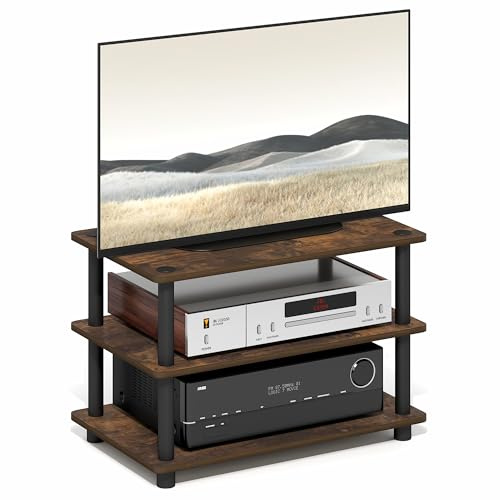 Furinno TURN-N-TUBE TV Stand, 3-Tier Corner Entertainment Center with Open Shelves, Toolless TV Console for TV up to 32 Inch, Open Back, Easy Assembly, for Living Room, Bedroom, Amber Pine