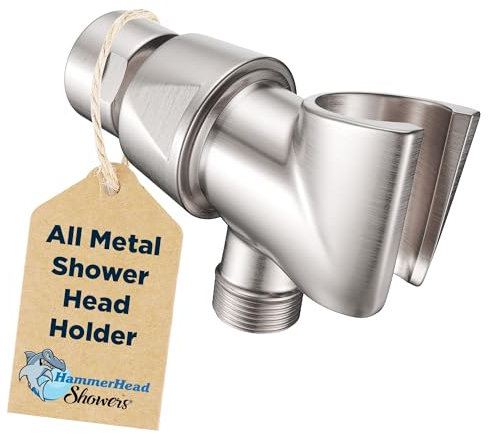 All Metal Handheld Shower Head Holder - Brushed Nickel - Adjustable Shower Wand Holder with Universal Wall Hook Bracket and Brass Pivot Ball - Hand Held Shower Head Holder - Shower Hose Holder