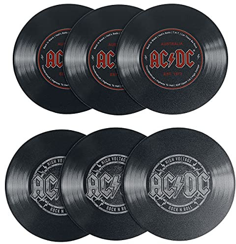AC/DC Schallplattenunter- Setzer 6-teilig Bedruckt, aus Hart-PVC und rutschfestem Zellkautschuk.
