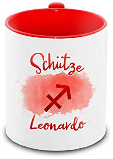 Tasse mit Namen Leonardo und Sternzeichen-Motiv Schütze im Lettering-Stil | Keramik-Tasse rot | Astrologie-Geschenk