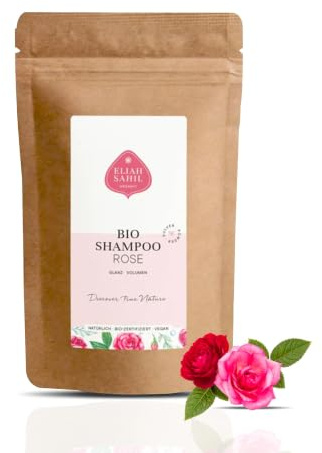 ELIAH SAHIL Bio Pulver Shampoo ROSE Nachfüllpackung 250 Gramm I Vegan und Tierversuchsfrei I Umweltfreundliche Nachfüllpackung I Haut und Haar I ca. 100 Anwendungen I Zero (Green) Waste