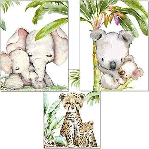 artpin® 3er Set Bilder Kinderzimmer Dschungel Deko Junge Mädchen - DIN A4 Poster Tiere ohne Bilderrahmen - Safari Afrika Wandbilder - Elefant Tiger Koala P54