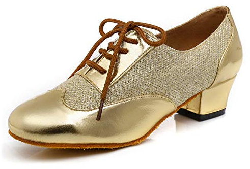 MINITOO De las mujeres 1.5 Chunky Tacón Bajo Cordones Cómodo Zapatos de Baile L319, dorado, 34.5 EU