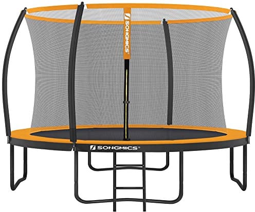 SONGMICS Trampolin 366 cm d, Gartentrampolin für Kinder mit Sicherheitsnetz, 180 cm hohe gebogene Stangen, Randabdeckung, Leiter, Stahlrahmen, schwarz-orange STR122O01
