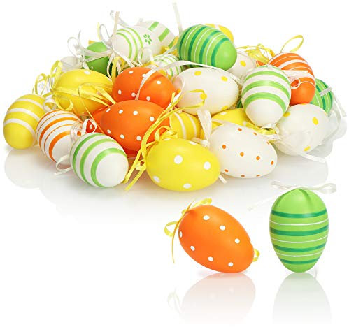 com-four® 36x handbemalte Ostereier zum Aufhängen - farbenfrohe Osterdeko mit tollen Mustern - Deko Ostereier mit Schnur zum Aufhängen - Größe: 6 cm