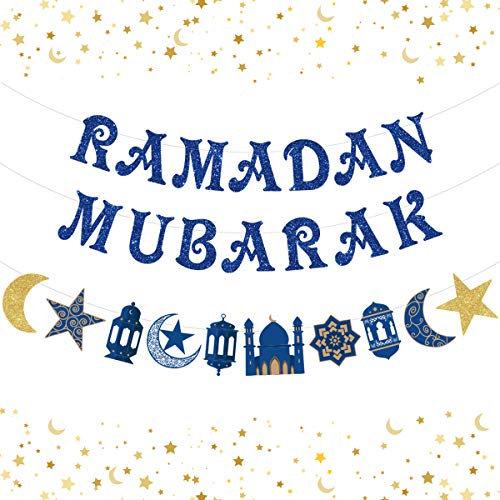 Ramadan Mubarak Banner, Eid Mubarak Dekoration, Muslim Islamic Party Dekoration, Blauer Glitzer Ramadan Dekorationen für Zuhause Ramadan Kareem Party liefert Stern- und Mondgirlande