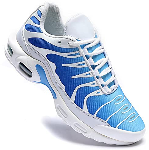 Baskets pour homme et femme avec coussin d'air - Chaussures de course athlétique - Tennis - Gym - Jogging - Fitness - Marche - Chaussures décontractées, blanc/bleu, 39 1/3 EU