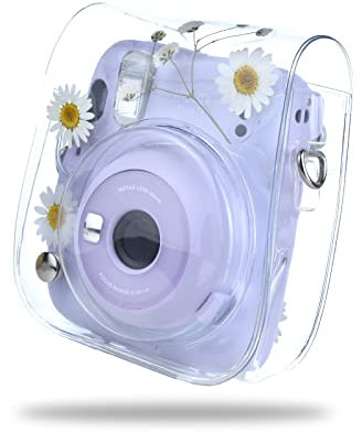 Rieibi Étui de Protection Housse pour Appareil Photo instantané Fujifilm Instax Mini 11/Mini 9/Mini 8/Mini 8+/Mini 40, Coque en PVC Rigide avec bandoulière Amovible (Marguerite Gypsophila)