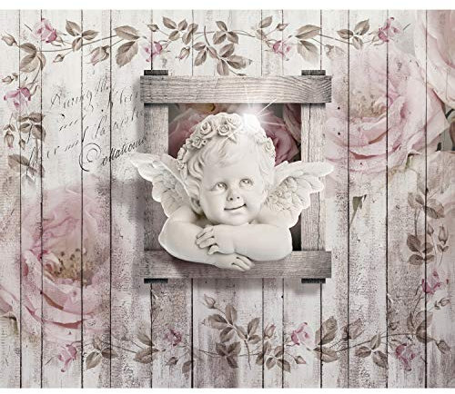 decomonkey - Papier Peint Panoramique Fleur Engel 450x315 cm - Décoration murale moderne – Tapisserie décorative pour chambre salon - Anges bois rétro plantes roses mignonnes ancien